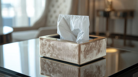 A stunning composition featuring an elegant tissue box atop a reflective table, perfect for showcasing modern interior design and stylish home decor in luxury living spaces.の素材