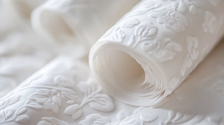 Elegant rolls of soft white embroidered fabric featuring delicate floral designs, ideal for adding charm to any sewing, fashion, or home dの素材