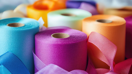 This image features an assortment of colorful satin ribbon rolls, showcasing a variety of vibrant hues ideal for crafting, decorating, and gift wrapping. Perfect for creative projects!の素材