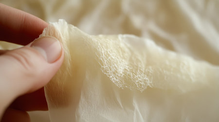 A close-up image showcasing the delicate texture of a soft fabric with lace trim, highlighting a blend of artistry in textile design and the tenderness of craftsmanship.の素材