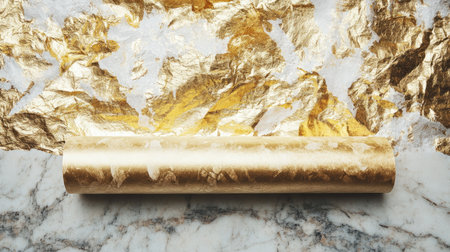 Discover the stunning visual of gold foil wrapping paper against a luxurious marble surface, perfect for adding elegance to gifts and enhancing creative projects.の素材