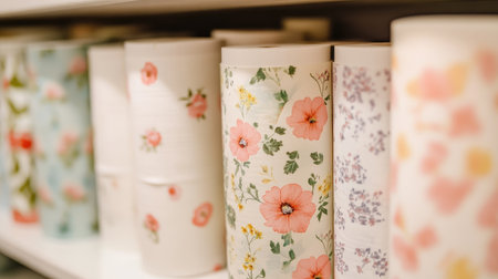 This image showcases a colorful arrangement of decorative wallpaper rolls with various floral patterns, perfect for home renovation and interior decoration projects.の素材