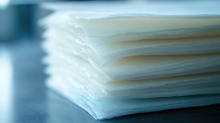 A stack of thin, translucent sheets resting on a smooth surface, showcasing their delicate texture and minimalistic design, perfect for artistic and creative endeavors.の素材