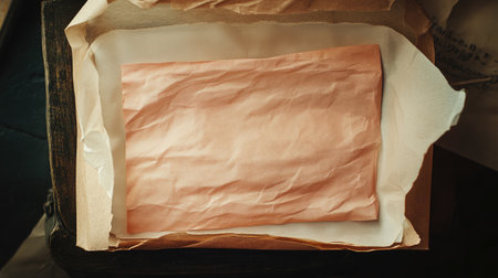A serene image featuring vintage craft paper inside a rustic box, elegantly captured with soft light, perfect for showcasing artistic projects or creative stationery designs.の素材