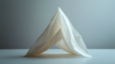 A serene depiction of a white fabric forming a tent-like shape, illuminated by soft light against a tranquil background, perfect for artistic and minimalistic themes.の素材