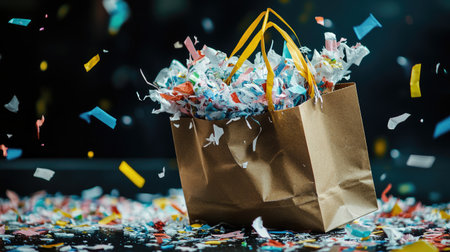 A charming brown paper bag overflowing with colorful shredded paper and surrounded by vibrant confetti creates a festive atmosphere, perfect for celebrations and gift-giving.の素材