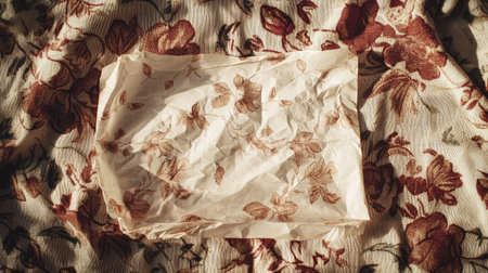 A crumpled floral paper rests gently on an elegant fabric with rose patterns, offering a vintage aesthetic ideal for artistic and creative backgrounds.の素材