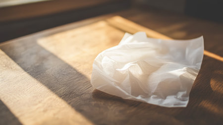 A beautifully arranged piece of creased white tissue paper sits elegantly on a wooden table, bathed in soft morning light that enhances its delicate texture, perfect for artistic undertones.の素材