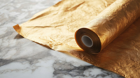 A stunning roll of golden foil elegantly displayed on a polished marble surface, ideal for various crafting projects and decorations, enhancing any occasion with a touch of luxury.の素材