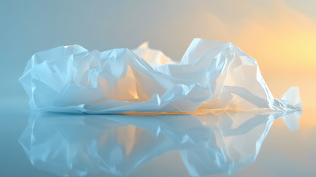 This image features a crumpled white paper on a reflective surface illuminated by soft lighting and a gentle color gradient, creating a captivating abstract background for various creative projects.の素材