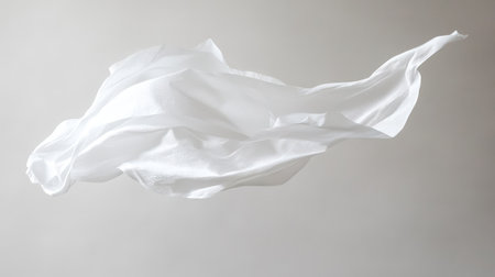 Delicate white fabric gracefully floats against a soft gray background, revealing its elegant texture and lightweight properties, perfect for artistic or design projects.の素材
