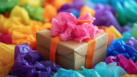 A beautifully wrapped gift box sits amidst an array of colorful tissue paper, evoking joy and excitement, ideal for any celebration or memorable occasion.の素材