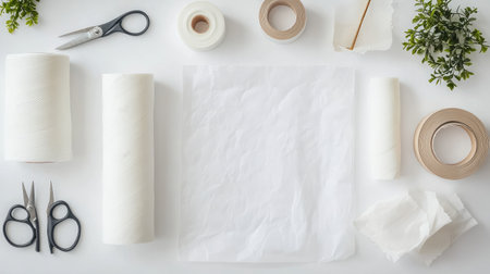 Fresh and inviting workspace arranged for creative projects, showcasing scissors, rolls of tape, white sheets, and decorative greenery on a clean, bright table setting.の素材