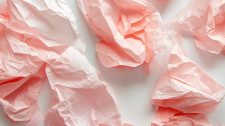 A visually appealing arrangement of soft pink crumpled tissue paper on a clean white background, perfect for artistic projects or elegant background themes.の素材