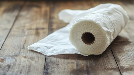 A roll of unbleached paper towel rests on a rustic wooden table, showcasing its absorbent texture and eco-friendly appeal for everyday cleaning tasks in a home setting.の素材