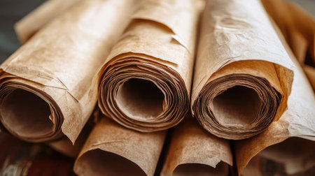 Close-up of rolled brown kraft paper, perfect for arts, crafts, and wrapping. The textured paper showcases natural tones and brings a vintage feel to creative projects.の素材