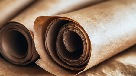 Close-up view of rolled brown craft paper highlighting its texture and warm tones, ideal for various creative projects, crafts, and artistic endeavors. Perfect for wrapping and crafting.の素材