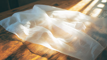 A delicate piece of ethereal fabric rests on a rustic wooden surface, illuminated by warm sunlight, creating a serene and tranquil ambiance perfect for creative projects.の素材