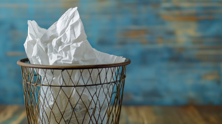 A wire trash bin filled with crumpled paper sits against a rustic wooden surface and a blue textured background, capturing the essence of an organized workspace.の素材