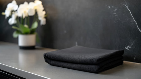 This image showcases a serene interior featuring neatly folded black towels on a sleek countertop, accompanied by elegant flowers, creating a modern and relaxing atmosphere.の素材