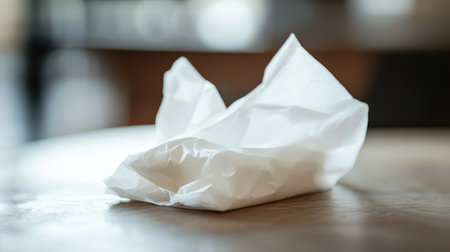 A crumpled white tissue paper rests on a wooden table, showcasing a soft aesthetic with a blurred background. Ideal for artistic projects or minimalist design.の素材