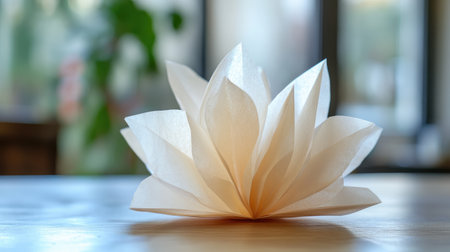 A beautifully crafted paper lotus flower placed on a wooden table captures the essence of tranquility and simplicity in a serene indoor setting.の素材