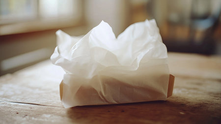 A beautifully wrapped gift box featuring soft tissue paper, placed on a rustic wooden table, capturing the warm and inviting atmosphere perfect for special occasions and celebrations.の素材