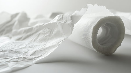 A close-up view of a crumpled white tissue paper roll showcases its unique texture and soft appearance, ideal for themes related to cleanliness, minimalism, and design.の素材