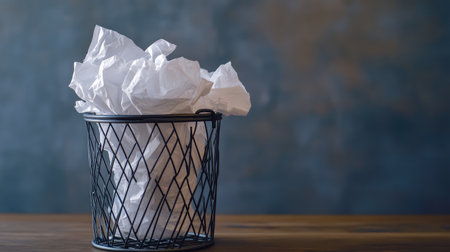 A wire mesh trash bin filled with crumpled white paper sits on a wooden desk, contrasting against a rustic textured background, symbolizing waste and organization.の素材