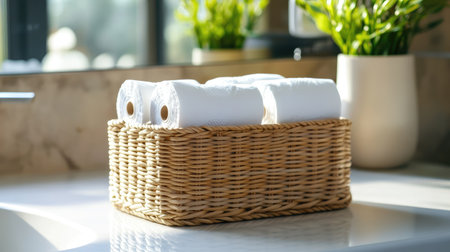 A bright and inviting kitchen scene featuring a woven basket with fresh white paper towels, surrounded by lush green plants and warm sunlight streaming through a window.の素材