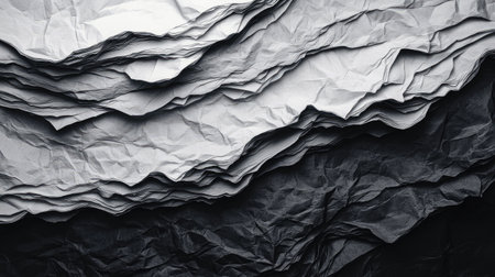 This image features an intricate arrangement of crumpled black and white paper layers, creating depth and texture ideal for artistic projects and design inspiration.の素材