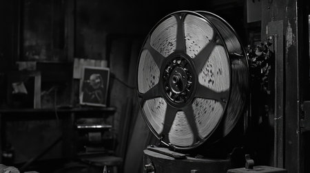 A captivating vintage film reel spins in a dimly lit workshop, evoking nostalgia and artistry. The black-and-white image highlights classic technology and its enduring charm.の素材