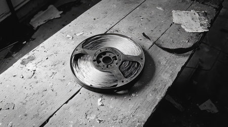 A striking black and white image of a vintage audio reel resting on a dusty wooden table, evoking memories of traditional sound recording and music production craftsmanship.の素材