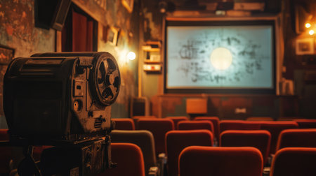 A vintage film projector stands in a beautifully restored theater, ready for an evening of cinematic magic, illuminated screen proudly displaying artistic projections.の素材