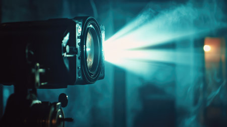 A vintage film projector casts a soft light in a darkened room, surrounded by a smoky atmosphere, evoking feelings of nostalgia and the artistic essence of classic cinema.の素材