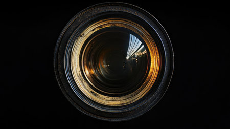 Close-up view of a camera lens highlighting its intricate details, reflections, and optical design, perfect for showcasing photography equipment in an artistic manner.の素材