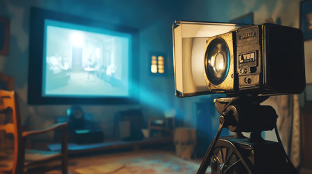 A vintage film projector illuminated in a cozy room, projecting a classic film onto a screen, creating a warm and nostalgic atmosphere of cinematic storytelling.の素材