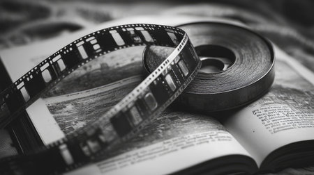 Capture the essence of nostalgia with this black and white still life featuring a vintage film reel resting on an open book, combining art and literature in a timeless composition.の素材