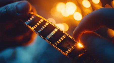A captivating close-up of hands gently holding a vintage film strip, illuminated by soft bokeh lights, evoking a sense of nostalgia and artistic creativity perfect for various media themes.の素材