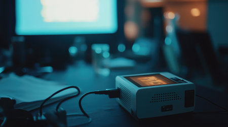 A compact projector set on a table, illuminating a presentation in a modern conference room, creating an engaging atmosphere for business discussions and meetings.の素材