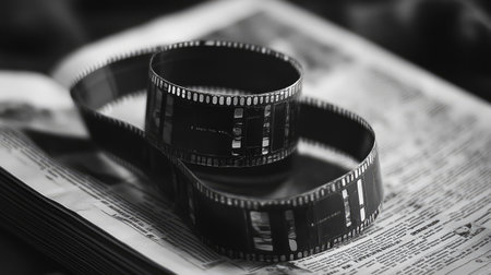 A curled black and white film strip rests on an open newspaper, showcasing the beauty of traditional photography and the nostalgia of classic cinema in a timeless composition.の素材