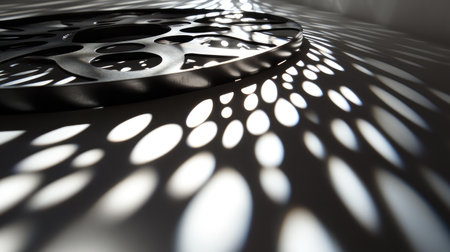 This captivating image showcases a circular metallic object casting intricate patterns of light and shadow, creating a unique artistic effect on a clean white background.の素材