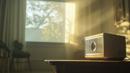 A vintage projector sits on a wooden table, surrounded by warm ambient light entering through a window. The serene atmosphere enhances the cozy roomの素材