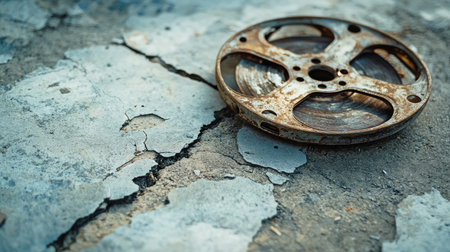 A weathered film reel sits on a cracked concrete surface, capturing the essence of nostalgia. Perfect for vintage-themed projects or cinema-related imagery.の素材