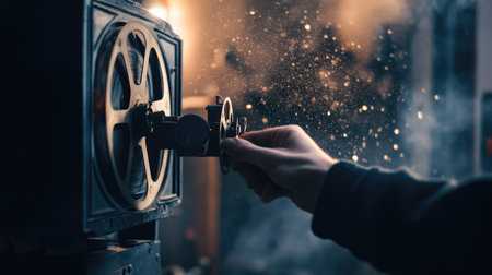 A captivating image of a vintage projector, where a hand adjusts the film reel, creating a nostalgic atmosphere filled with dust and dim light, perfectly embodying classic cinema.の素材