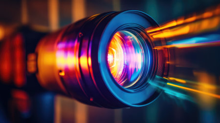 A close-up view of a camera lens with vibrant light beams emerging, representing the intersection of technology and creative photography in a stunning visual display.の素材