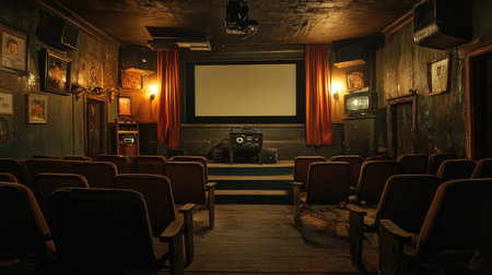 A captivating vintage theater interior featuring empty seats, a projector, and an atmospheric ambiance, perfect for showcasing cinematic nostalgia and artistic design.の素材