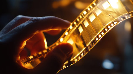 A hand delicately holds an illuminated strip of film, capturing the essence of vintage photography. The warm light enhances textures, evoking emotion and nostalgia in this artistic composition.の素材