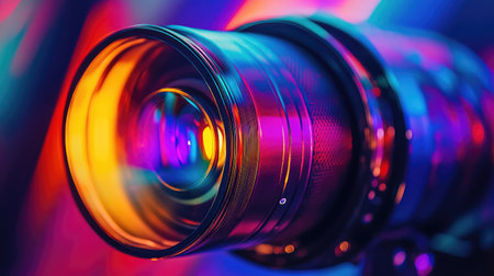 A stunning close-up of a camera lens showcasing vibrant colors and reflections, ideal for illustrating the beauty of photography and optical design.の素材