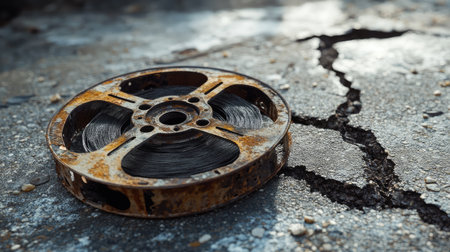 A captivating image of an old rusty film reel lying on cracked ground, surrounded by stones and dust, evoking memories of classic cinema and forgotten stories.の素材